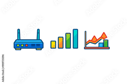 Details about a router, signal strength bars, and a graph showing data trends in internet usage over time