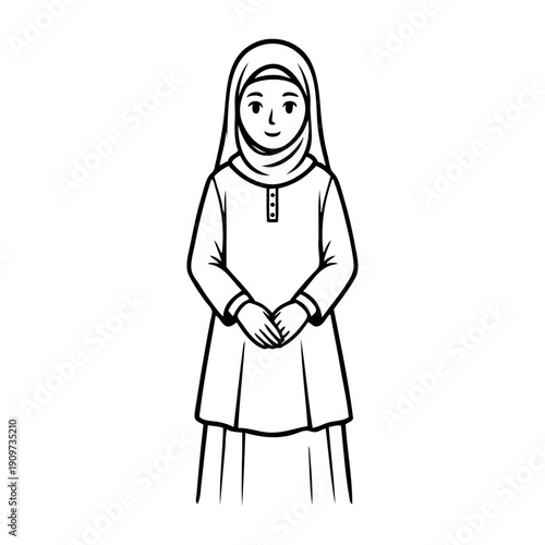 Dibujo sencillo con líneas de una chica joven musulmana de pie con un pañuelo tapando el cabello