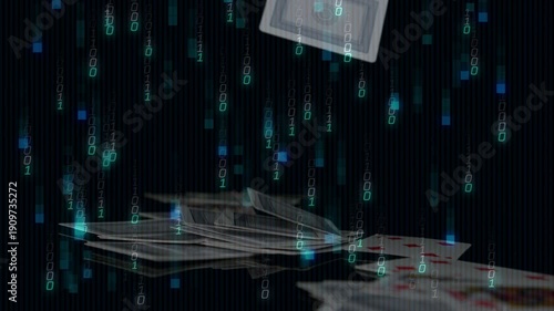 Face card appearing top starting fall, deck tumbling settling on pad, teal rain showing reflections