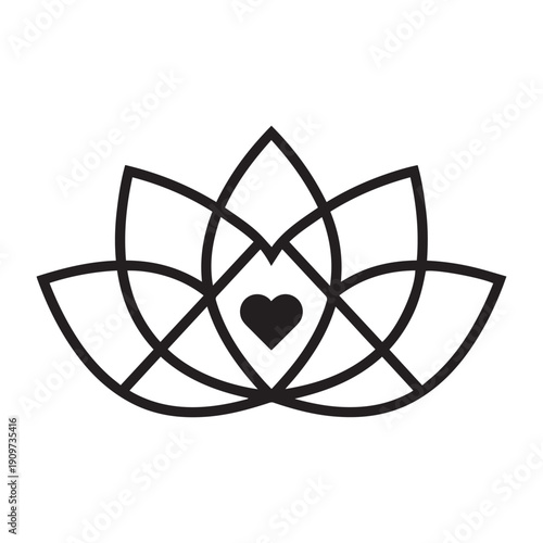 Elegant Minimalist Lotus Flower Icon with Centered Heart Representing Purity, Compassion, Self-Love, Spiritual Wellness, and Zen Meditation for Modern Brands.