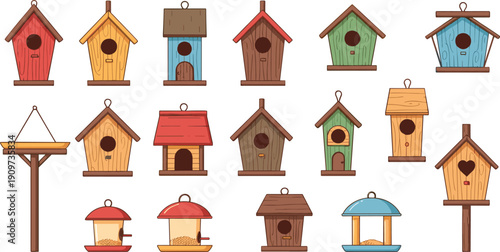 Cute Wooden Birdhouse and Feeder Set with Colorful Hanging Bird Houses, Outdoor Garden Decor, and Nature Wildlife Accessories Vector Illustration