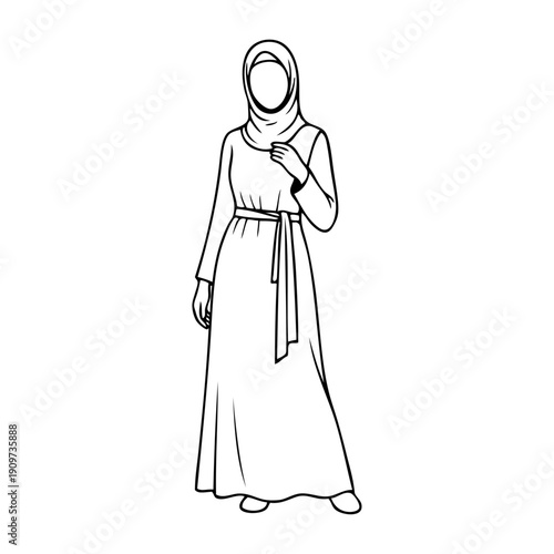Dibujo sencillo con líneas de una mujer joven musulmana de pie con un pañuelo tapando el cabello