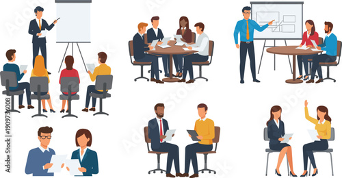 Business Meeting and Office Discussion People Set with Team Presentation, Brainstorming, Collaboration, Training Sessions, and Professional Workplace Communication Vector Illustration