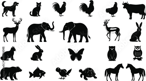 Collection of animal silhouettes vector set, black wildlife and farm animals icons isolated on white background illustration pack for logo design and branding use
