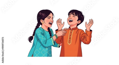 A cartoon illustration of two happy children in traditional clothing laughing together