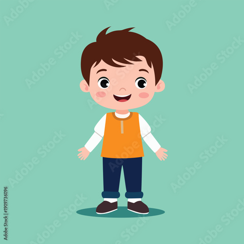 A cheerful cartoon boy with brown hair and colorful outfit