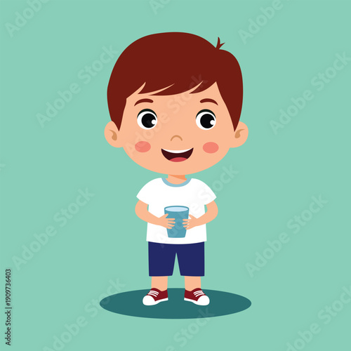 A cheerful cartoon boy holding a cup