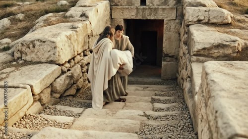 Two men carrying shrouded body up tomb stairs burial scene. AI