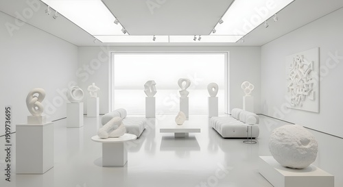 Modern art gallery with white sculptures and minimalist decor