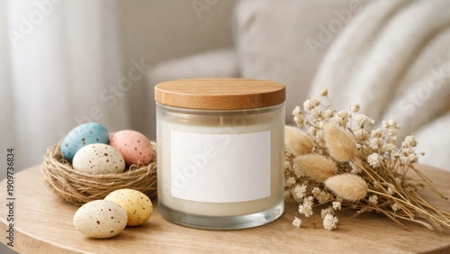 Wallpaper Mural A cozy setup featuring a candle with a wooden lid, pastel-colored eggs, and dried flowers, perfect for a spring-themed decoration. Torontodigital.ca