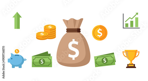 A vibrant collection of money and finance icons displays growth arrows, coins, currency, a piggy bank, and a trophy.