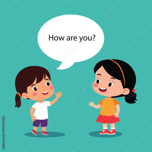 Two cartoon girls greeting each other with a speech bubble