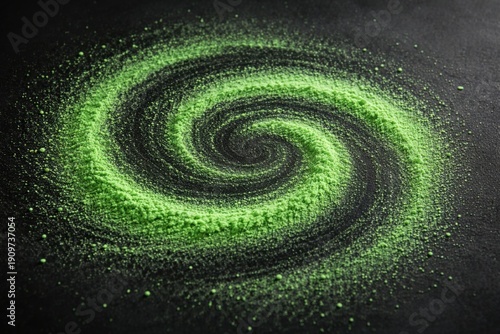 Wallpaper Mural A vibrant green spiral pattern created with powdered material against a dark background, evoking a sense of motion and energy. Torontodigital.ca