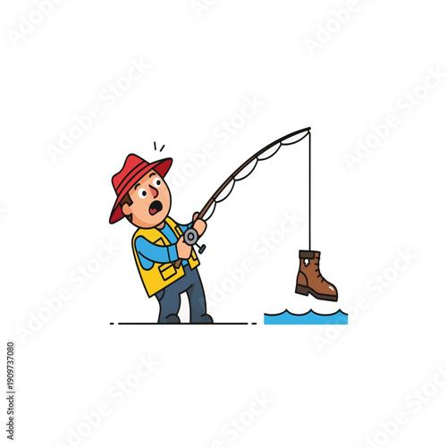 Cartoon Fisherman Catching an Old Boot