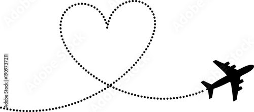 A heart shape with an airplane flying out of it, symbolizing travel and love. Vector