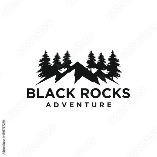 Mountain with lake forest, pine evergreen tree with river creek landscape outdoor logo design vector