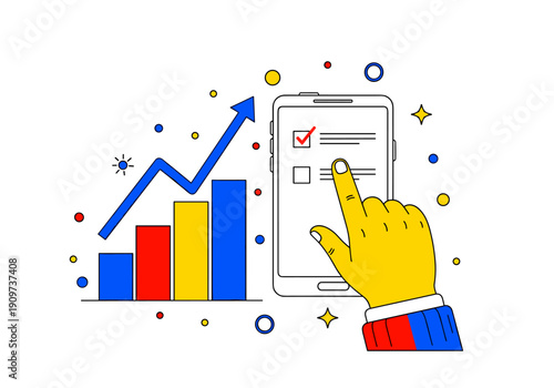 A cartoon hand interacts with a checklist on a smartphone screen next to an ascending bar graph symbolizing business growth and success.