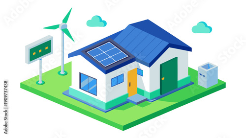 Wallpaper Mural Modern eco-friendly house with solar panels, wind turbine, and electric vehicle charging station on a green landscape with clouds and blue sky Torontodigital.ca