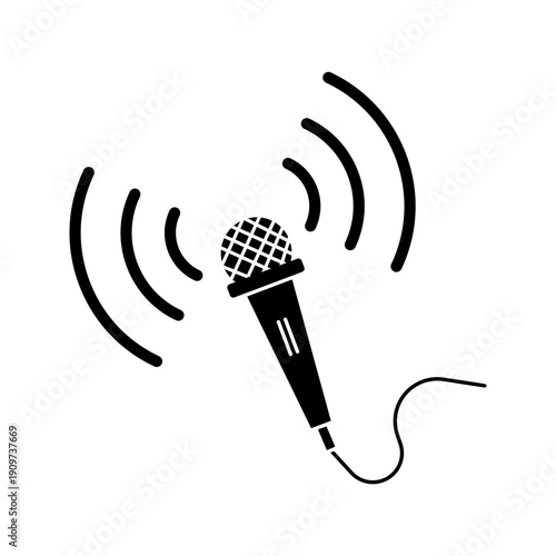 Outline icon of a microphone emitting sound waves symbolizing broadcasting, live streaming, audio transmission, podcasting, and voice communication.