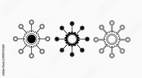 Three gear-shaped icons representing network connections and data flow are displayed in a monochrome vector illustration style.