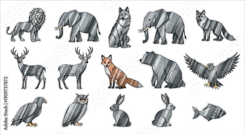 Illustration of various wild animals including mammals and birds showcasing diverse wildlife from different environments in a detailed artistic render Whisk_462d366ca50f361bf0a4f64bd4f384eedr