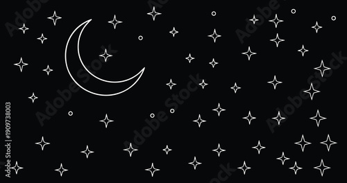 Crescent moon with sparkling stars on black night sky background. Minimal celestial line art illustration creating calm, dreamy, and spiritual atmosphere. Elegant cosmic design for night, astrology, a