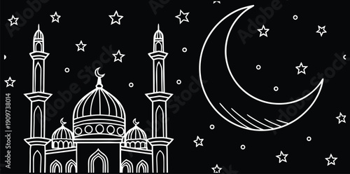 Elegant Islamic mosque line art with crescent moon and stars on black background. Minimal Ramadan and  religious illustration in white outline style. Spiritual night sky design for Muslim holidays 