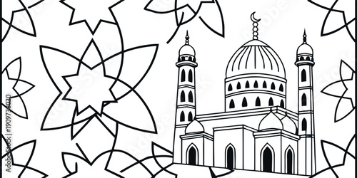 Islamic mosque line art illustration with domes, minarets, and geometric star pattern background. Clean black outline religious architecture design. Ideal for Ramadan,  wallpaper,  and Is