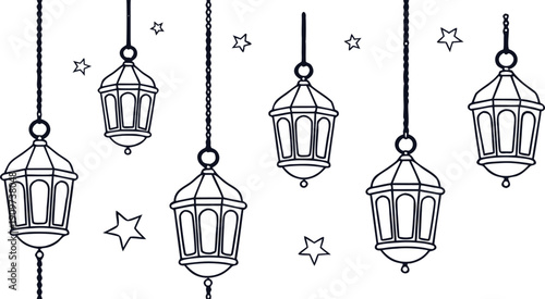 Ramadan lantern seamless pattern with hanging Arabic lamps and stars on light background. Elegant Islamic festive illustration for  Mubarak greeting cards, wallpapers, and textile prints. Minimal l