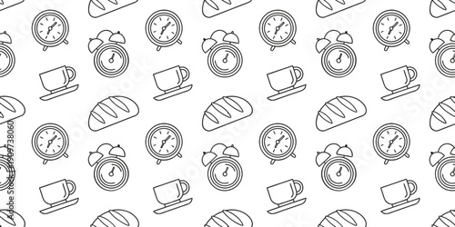 
Seamless breakfast doodle pattern with coffee cups, alarm clocks, croissants, and bread icons. Hand drawn minimal line art background in playful morning 