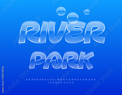 Vector natural template River Park. Clean Glass Font. Crystal style Alphabet Letters and Numbers set.
