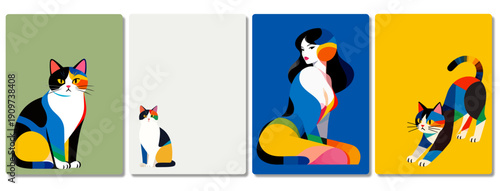 A colorful pattern art set featuring cat and female images