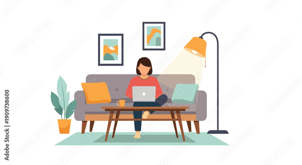 Fototapeta premium Modern illustration of a woman working from home on a laptop. Suitable for use in articles about remote work, freelancers, or modern lifestyle.