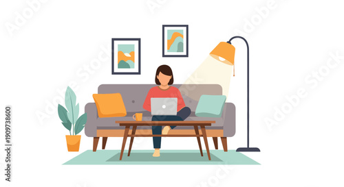 Modern illustration of a woman working from home on a laptop. Suitable for use in articles about remote work, freelancers, or modern lifestyle.