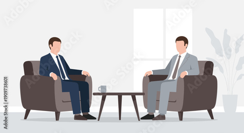 Two men in suits sit in armchairs having a meeting or discussion. Vector illustration for business, consultation, interview, or corporate communications.