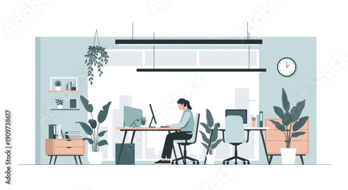 Illustration of a woman working on a computer in a bright and modern office space. Use for depicting remote work, office environment, productivity, or design concepts.