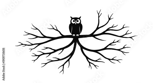 Black owl sitting on bare tree branch silhouette illustration for Halloween or nature concept