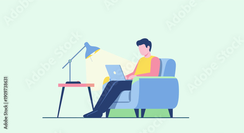 Vector illustration of a man working on a laptop while sitting in an armchair under a lamp. Ideal for depicting remote work, comfort, or freelance.