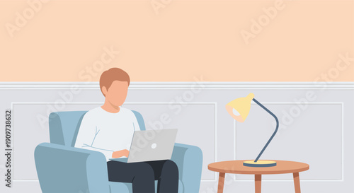 Faceless man working on laptop in armchair. Illustration style. Suitable for blogs, articles, websites about work from home or online learning. Copy space available.