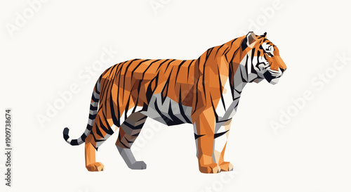 Geometric low polygon illustration of a tiger standing, isolated on white. Clean modern design, great for web design, infographics, presentations, or branding materials.