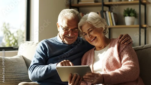 Wallpaper Mural Elderly couple smiles at a tablet while sitting on a couch. Living room setting Torontodigital.ca