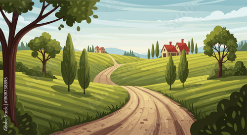Beautiful cartoon illustration of a winding dirt road leading to houses in a green, rural landscape. Serene and idyllic, perfect for travel, lifestyle, or nature themes.