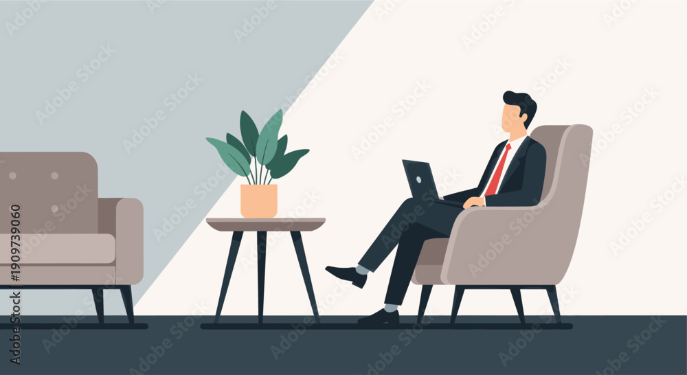 Fototapeta premium Stylized illustration of a businessman working remotely on his laptop in a modern lounge. Vector graphic for corporate presentations or business websites.
