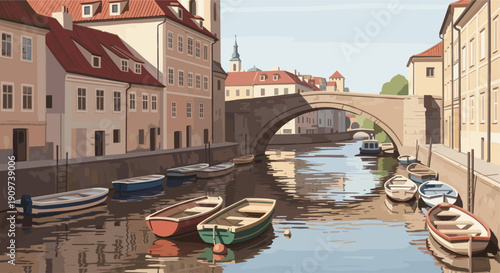 Serene canal scene with boats, bridge, and old European buildings. Vector illustration. Perfect for travel blogs, city guides, and design projects.