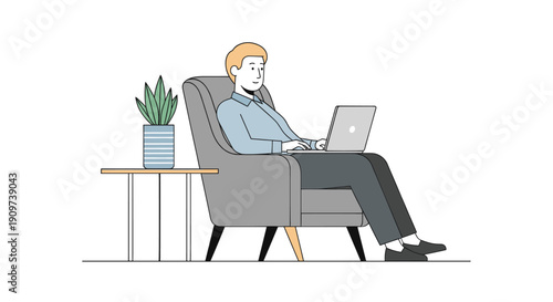 Illustration of a man working remotely on his laptop from an armchair, with a minimalist interior. Ideal for illustrating remote work, home office, or freelancing concepts.