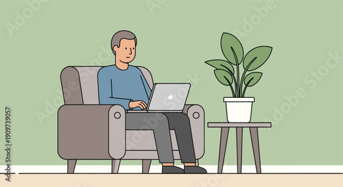 Flat vector illustration of a man working on his laptop in an armchair. Home office concept. Use for work from home, remote job, freelance and lifestyle concepts.