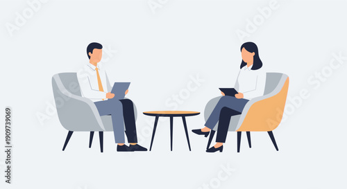 Flat vector illustration of a business meeting. Minimal design. Modern chairs, businessman, businesswoman. Great for website banners, presentation backgrounds.