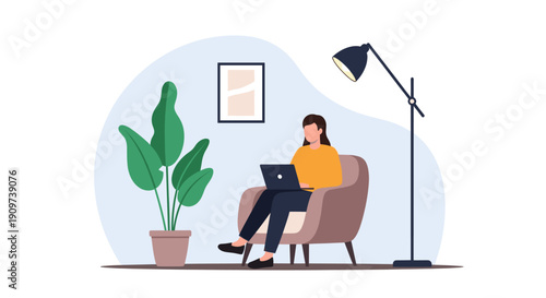 Illustration of a woman working remotely on a laptop in a modern, comfortable living room setting. Suitable for illustrating remote work, freelancing, or online education.