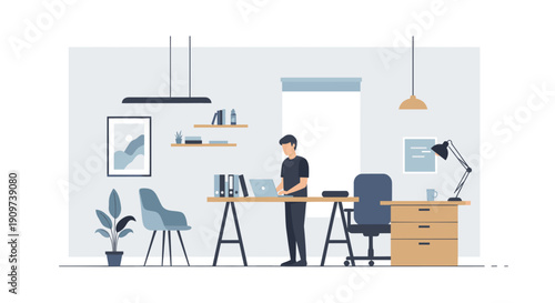 Illustration of a man working from home office with laptop. Minimalist design style. Can be used for blog posts about remote work, freelance or technology.