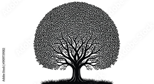 Tree of Life: A striking silhouette of a mature tree stands in stark contrast, its intricate branches and abundant foliage symbolizing growth, resilience.